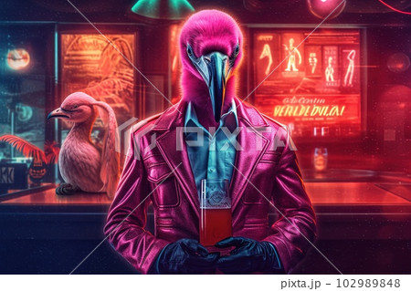 Gangster pink flamingo struts confidently in a neon bar, sporting a fashionable leather jacket, adorned with extravagant jewelry illustration generative ai Gangster pink flamingo struts confidently in a neon bar, sporting a fashionable leather jacket, adorned with extravagant jewelry illustration generative ai 102989848
