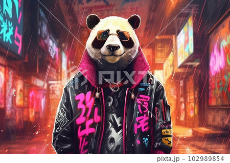 panda pink gangster in neon bar illustration generative ai 102989854