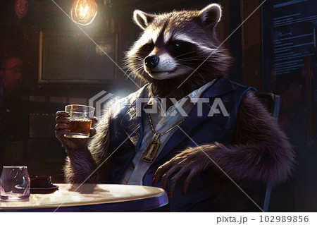 raccoon as gangster leather jacket in neon bar illustration generative ai 102989856