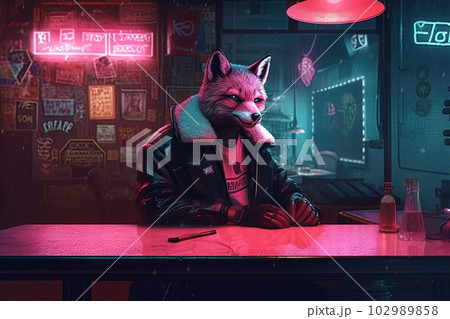fox pink gangster in neon bar illustration generative ai 102989858