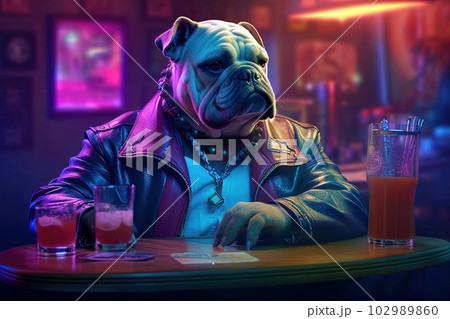 bulldog dog pink gangster in neon bar illustration generative ai 102989860