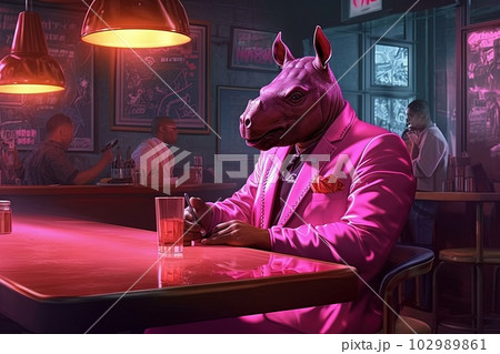 rhino pink gangster in neon bar illustration generative ai 102989861