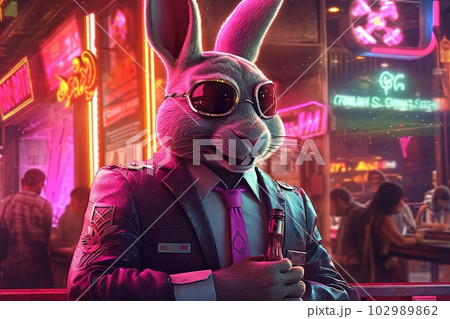 bunny pink gangster in neon bar illustration generative ai 102989862