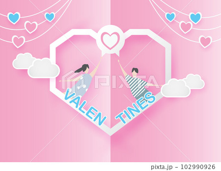 valentine lovely joyful on pink paper background concept. with text love 14 february, boy and girl fly with heart balloon, sky, vector. design for valentine card, gift, poster, paper cut, border, idea 102990926