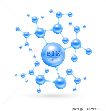 Vitamin B12, minerals in molecular blue form isolated on white background vector. Dietary supplement for pharmacy advertisement, vitamins package design. Science medic concept. Vitamin B12, minerals in molecular blue form isolated on white background vector. Dietary supplement for pharmacy advertisement, vitamins package design. Science medic concept. 102991086