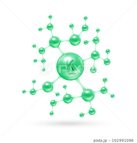 Vitamin K, minerals in molecular green form isolated on white background vector. Dietary supplement for pharmacy advertisement, vitamins package design. Science medic concept. Vitamin K, minerals in molecular green form isolated on white background vector. Dietary supplement for pharmacy advertisement, vitamins package design. Science medic concept. 102991096