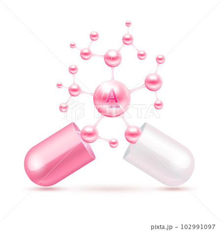 Vitamin A pink in capsule. Vitamins complex and minerals in molecular form. Dietary supplement for pharmacy advertisement. Science medic concept. Isolated on white background. Vector EPS10. Vitamin A pink in capsule. Vitamins complex and minerals in molecular form. Dietary supplement for pharmacy advertisement. Science medic concept. Isolated on white background. Vector EPS10. 102991097