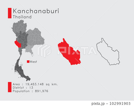 Kanchanaburi Position in Thailand A Set of Infographic Elements for the Province. and Area District Population and Outline. Vector with Gray Background. Kanchanaburi Position in Thailand A Set of Infographic Elements for the Province. and Area District Population and Outline. Vector with Gray Background. 102991903