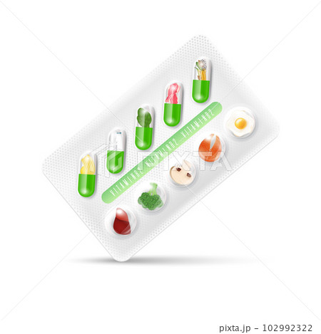 Vitamin B2 pills medicament. Vegetables and fruit in a capsules packaging. Natural supplements concept. Pharmacy and drug medical. Vector illustration 102992322