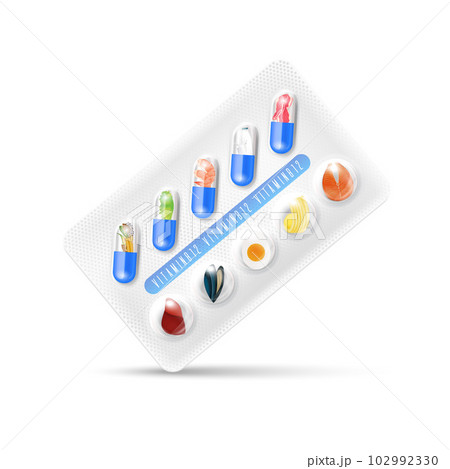 Vitamin B12 pills medicament. Vegetables and fruit in a capsules packaging. Natural supplements concept. Pharmacy and drug medical. Vector illustration 102992330