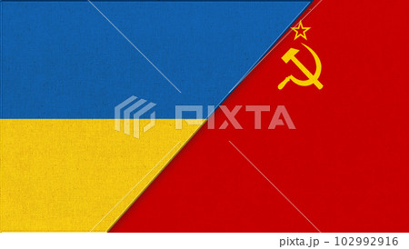Flag of Ukraine and USSR. Ukrainian and red Soviet flags on fabric texture Flag of Ukraine and USSR. Ukrainian and red Soviet flags on fabric texture 102992916