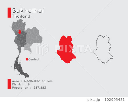 Sukhothai in Thailand A Set of Infographic Elements for the Province. and Area District Population and Outline. Vector with Gray Background. Sukhothai in Thailand A Set of Infographic Elements for the Province. and Area District Population and Outline. Vector with Gray Background. 102993421