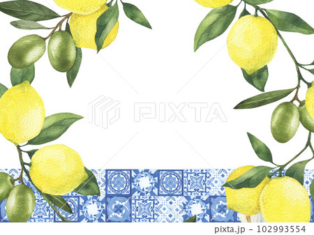 Watercolor mediterranean frame with lemons and traditional tiles. Isolated on white background Watercolor mediterranean frame with lemons and traditional tiles. Isolated on white background 102993554