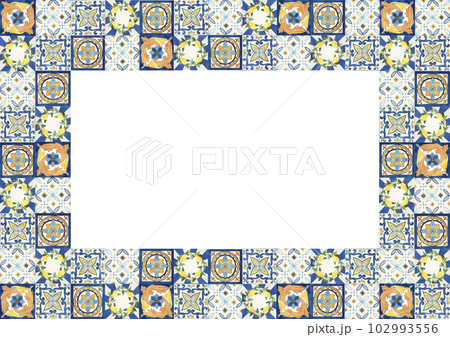 Watercolor mediterranean frame traditional tiles. Isolated on white background. Italian tiles wedding invitation 102993556