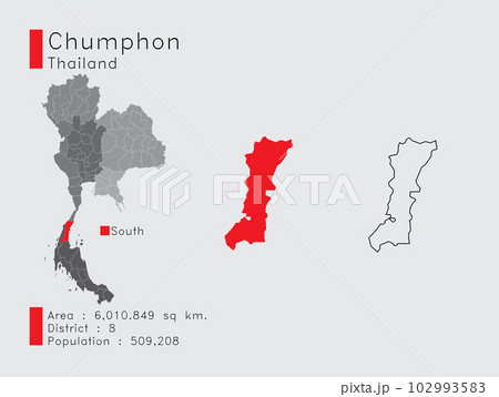 Chumphon in Thailand A Set of Infographic Elements for the Province. and Area District Population and Outline. Vector with Gray Background. Chumphon in Thailand A Set of Infographic Elements for the Province. and Area District Population and Outline. Vector with Gray Background. 102993583