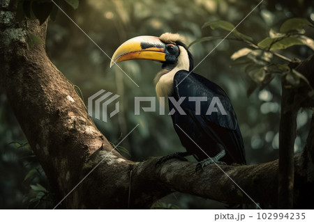 Image of hornbill standing on a branch in the forest on natural background. Wild Animals. Bird. illustration. Generative AI. 102994235