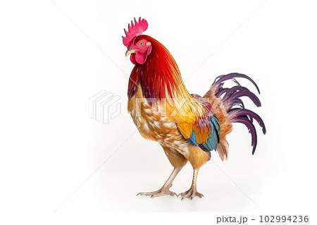 image of bright colors rooster stands on white background. Farm Animals. illustration, generative AI. 102994236