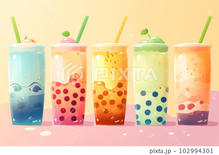 Fashion drink, bubble tea in glasses with a straw, yellow pastel background. Summer refreshing drinks with ice and fresh berries Fashion drink, bubble tea in glasses with a straw, yellow pastel background. Summer refreshing drinks with ice and fresh berries 102994301