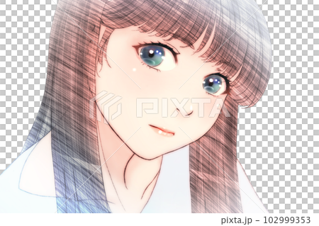 一個輕鬆嚴肅的女孩的線條畫彩色插圖無背景淺口紅水平反轉版本 102999353