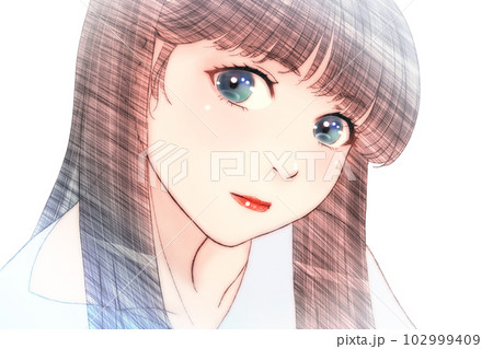 リラックス&真面目な眼差しの女の子の線画カラーイラスト　背景無し　左右反転版 102999409