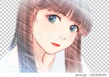 一個看起來輕鬆嚴肅的女孩的線條畫彩色插圖沒有背景水平反轉版本 102999409