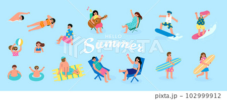Collection of people have outdoor activities at beach in summer - sunbathing, walking, carrying surfboard, swimming in sea 102999912