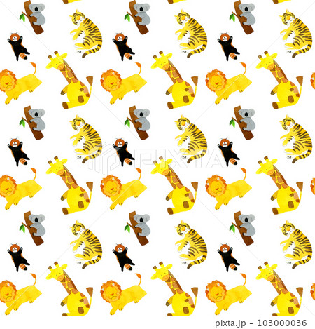 かわいいアニマルのシームレスパターン　手描き水彩イラストのゆるい動物柄 103000036