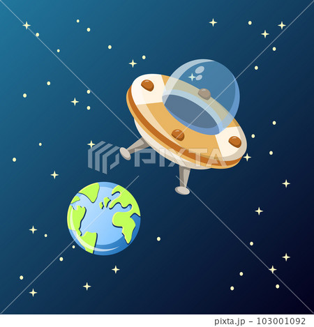 UFO illustration. Space, stars, spaceship, earth. Editable vector graphic design. 103001092