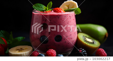 Refreshing fruit cocktail poured into a transparent glass. Generative AI 103002217
