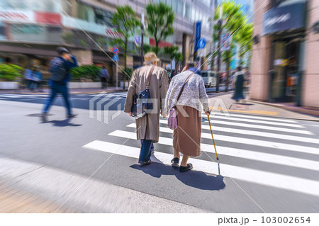 日本の東京都市景観 高齢化社会・杖の高齢者と…＝東京都内で（池袋駅東口のサンシャイン通り） 103002654