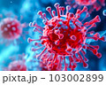 An electron microscope image of a virus, possibly coronavirus, with its characteristic spikes and circular shape. Generative Ai 103002899