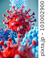 Under the microscope, a virus with a circular shape and a prominent center. Generative Ai 103002900
