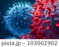 A detailed image of a blue virus swimming in the blood cells. Generative Ai 103002902