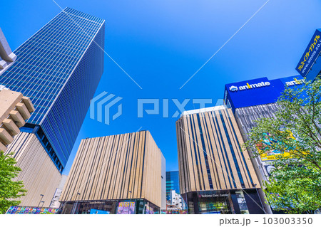 日本の東京都市景観 5月。青空に映える池袋駅東口にあるハレザ池袋や新緑などを望む 103003350