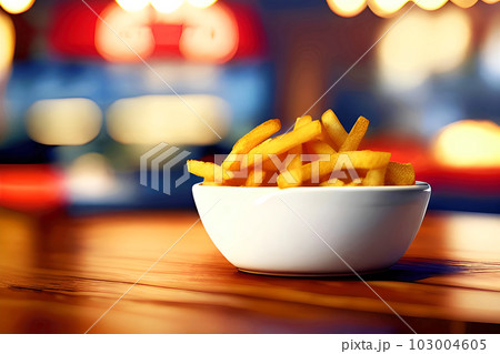 French fries with ketchup on a wooden table. Generative Ai French fries with ketchup on a wooden table. Generative Ai 103004605