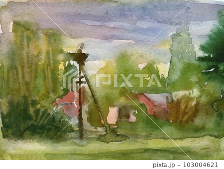 Watercolor sketch of village life with a stork's nest Watercolor sketch of village life with a stork's nest 103004621