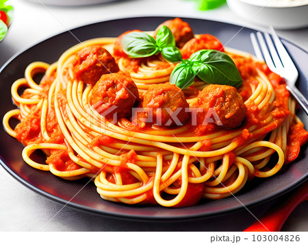 Spaghetti with meatballs, tomato sauce and basil. Generative AI. 103004826