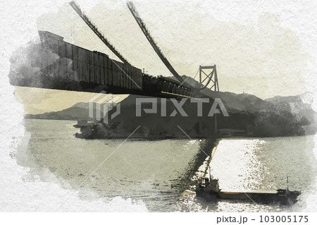 水彩画風　壇ノ浦パーキングエリアから関門橋と東信丸を望む　山口県下関市 103005175