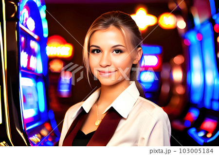 Portrait of a smiling young woman playing slot machine at casino. Generative AI. Portrait of a smiling young woman playing slot machine at casino. Generative AI. 103005184