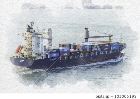 水彩画風 壇ノ浦パーキングエリアから関門橋を行き交うタンカーを望む 山口県下関市 水彩画風 壇ノ浦パーキングエリアから関門橋を行き交うタンカーを望む 山口県下関市 103005195