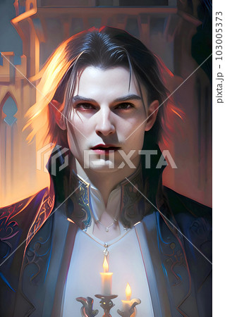 male vampire with castle background. Generative Ai. 103005373