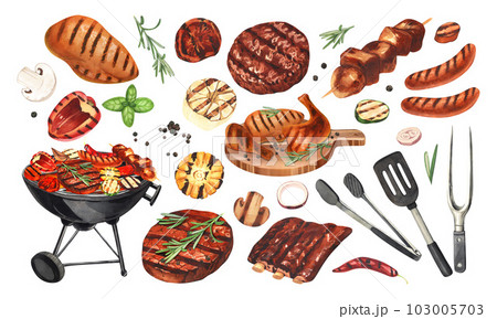 Watercolor barbecue elements set. Collection of equipment for cooking bbq - grill, brazier, sausages, fish, vegetable and meat. Hand-drawn illustration isolated on white background. Perfect for menu 103005703