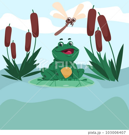 Frog sits on lake in reeds, dragonfly flying. Wild amphibian catching insects, croaking cute aquatic animal, amphibious in nature, bullfrog on river vector cartoon flat isolated illustration 103006407