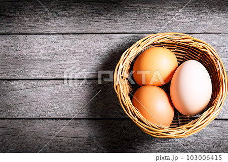 Closeup Eggs in wooden Basket, Generative AI Closeup Eggs in wooden Basket, Generative AI 103006415