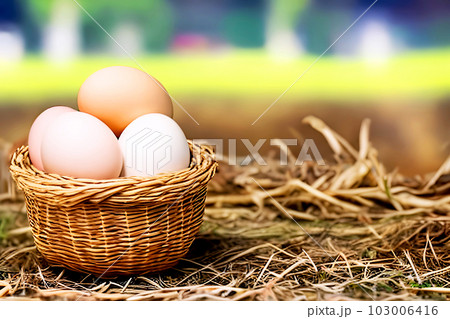 Closeup Eggs in wooden Basket, Generative AI Closeup Eggs in wooden Basket, Generative AI 103006416
