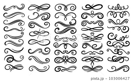 Swirl border set, ornament design collection. Filigree line flourish for calligraphy or ornate logo, medieval baroque isolated elements, elegant frames. Cards or posters vector retro decor Swirl border set, ornament design collection. Filigree line flourish for calligraphy or ornate logo, medieval baroque isolated elements, elegant frames. Cards or posters vector retro decor 103006427