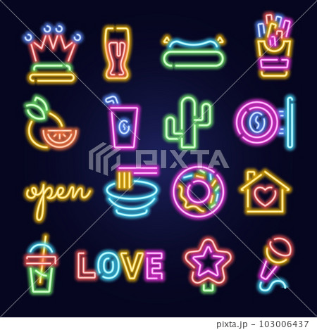 Neon icons set. Glowing signs. Bar light icons, casino cocktail and text, glow color shapes, retro night club art logo. Microphone karaoke, noodles and fast food. Vector design illustration Neon icons set. Glowing signs. Bar light icons, casino cocktail and text, glow color shapes, retro night club art logo. Microphone karaoke, noodles and fast food. Vector design illustration 103006437