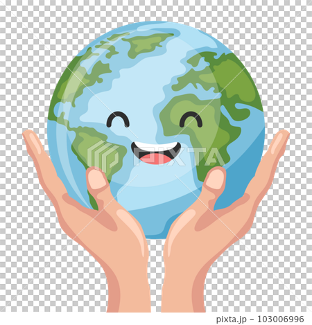 Hands holding happy cartoon earth planet design for earth day national pollution prevention day, world environment day. Concept of prevention against environmental pollution and care of our planet Hands holding happy cartoon earth planet design for earth day national pollution prevention day, world environment day. Concept of prevention against environmental pollution and care of our planet 103006996