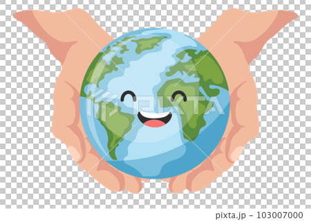 Open hands holding planet earth happy cartoon for earth day, national pollution prevention day, world environment day. Concept of prevention against environmental pollution and care of our planet 103007000
