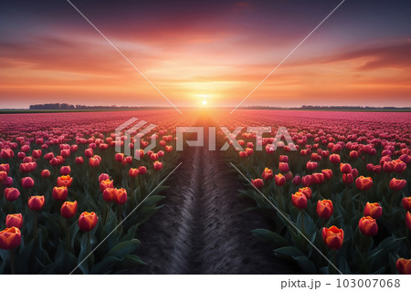Beautiful view of the red tulip field at...のイラスト素材 [103007068] - PIXTA